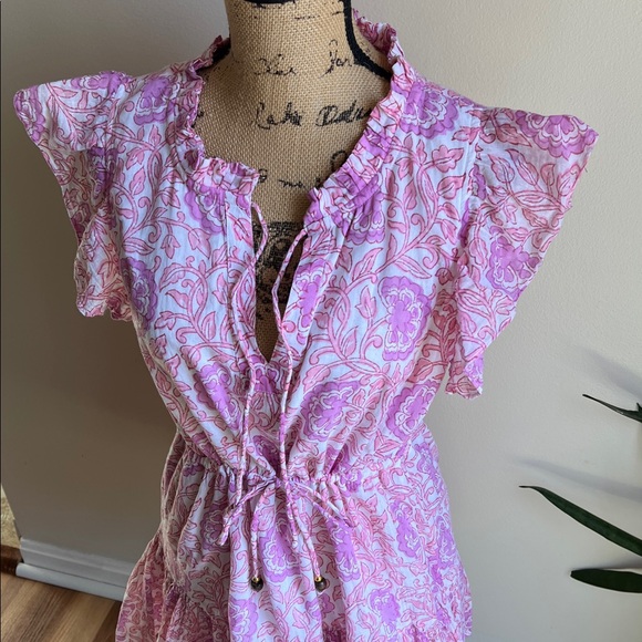 Oliphant Cinched Flirty Mini Dress in Malta Pink Cotton Tie Waist - Picture 6 of 14